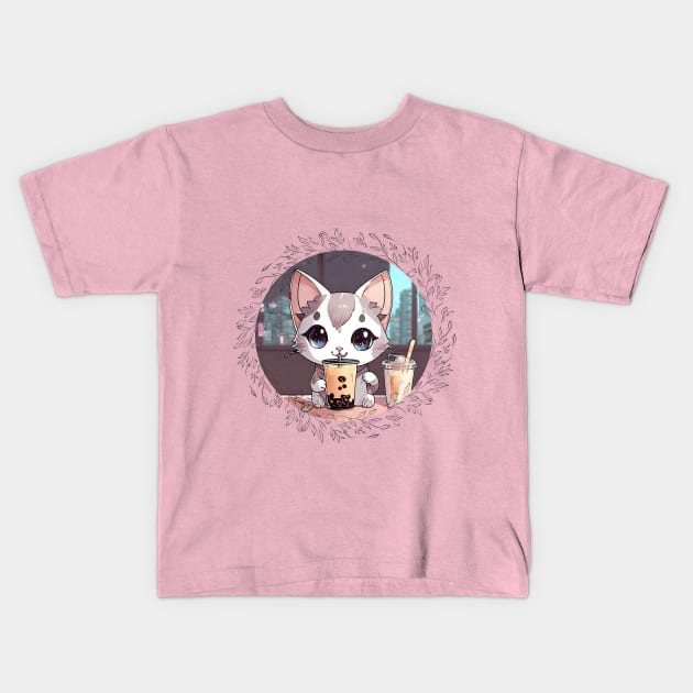 Cute grey and white cartoon cat drinking Boba Kids T-Shirt by vwagenet